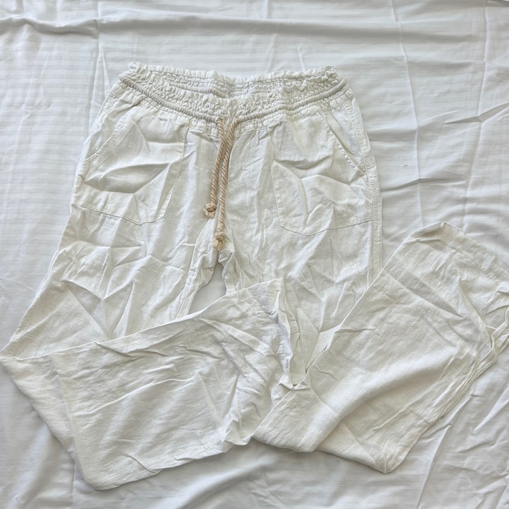 Roxy White Linen Drawstring Beach Pants